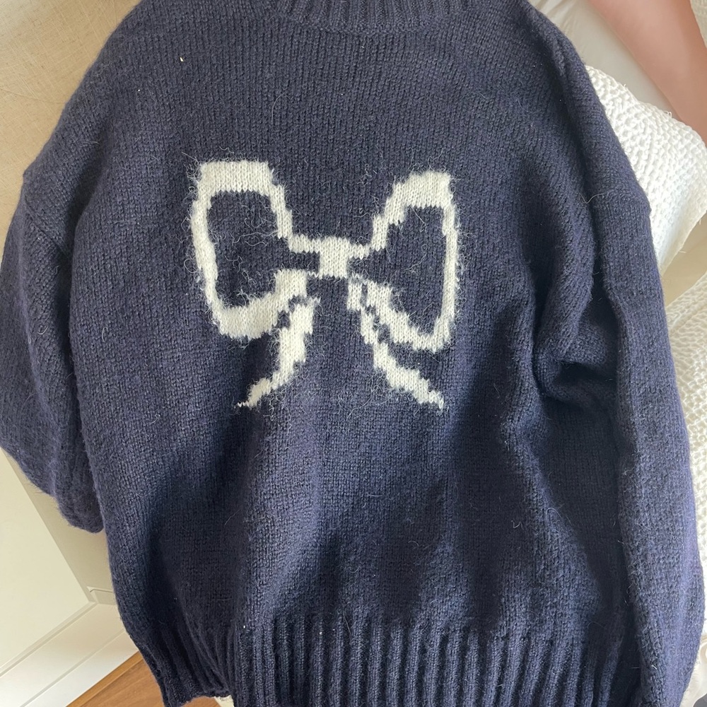 Blu Pepper Navy Cardigan with White Bow Accent